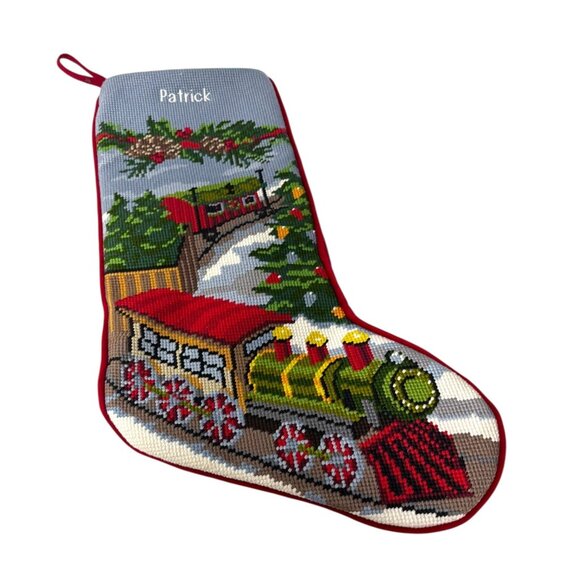 Vintage LL Bean Needlepoint Train "Patrick" Embroidered Christmas Stocking 16" - Picture 1 of 7